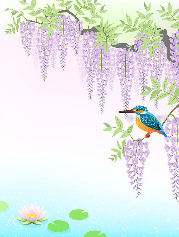 A small bird perching on a branch of a wisteria tree on a spring day